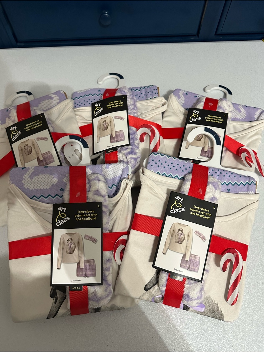 BUNDLE of 5! Lavender and White Long-Sleeve Pajama Set with Spa Headband